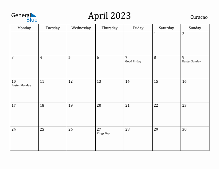April 2023 Calendar Curacao