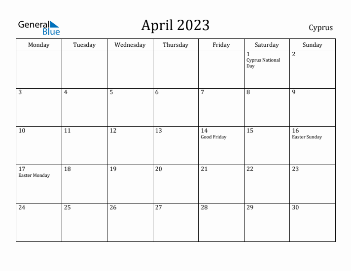 April 2023 Calendar Cyprus