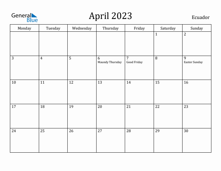April 2023 Calendar Ecuador