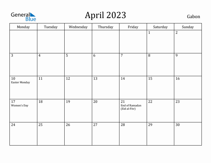 April 2023 Calendar Gabon