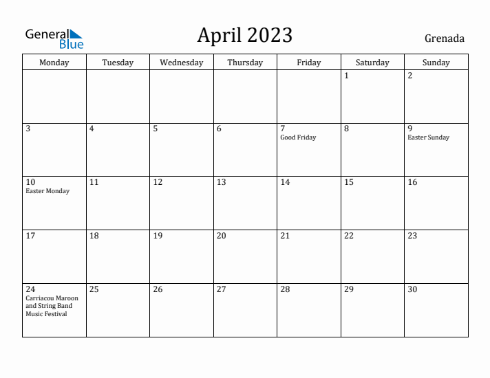 April 2023 Calendar Grenada