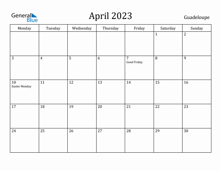 April 2023 Calendar Guadeloupe