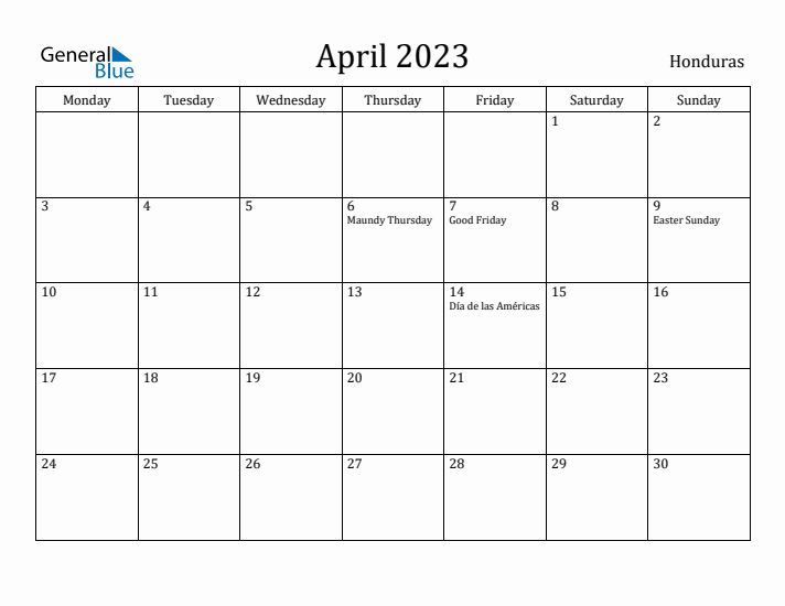 April 2023 Calendar Honduras