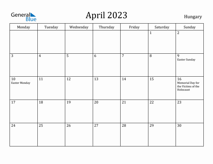 April 2023 Calendar Hungary