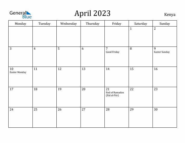 April 2023 Calendar Kenya