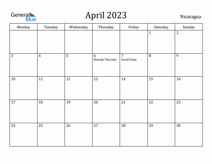 April 2023 Calendar Nicaragua