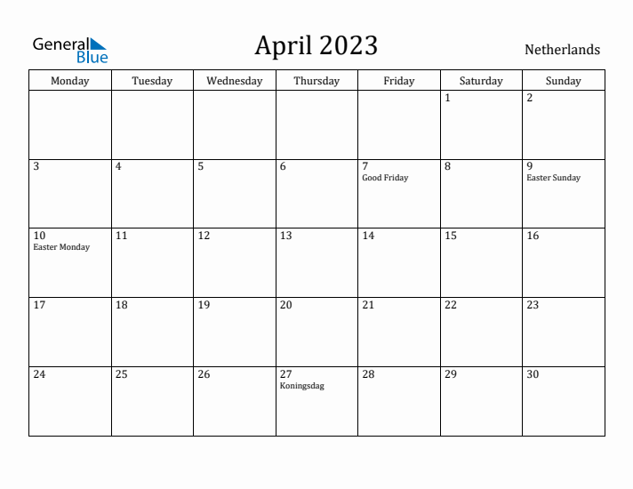 April 2023 Calendar The Netherlands