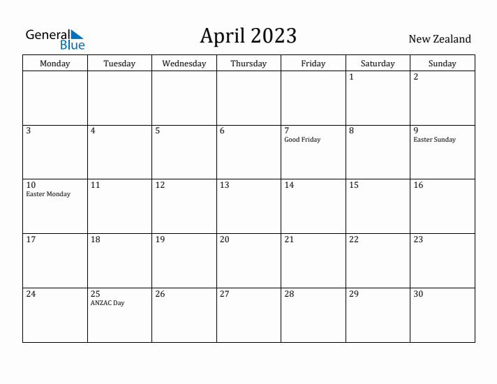 April 2023 Calendar New Zealand