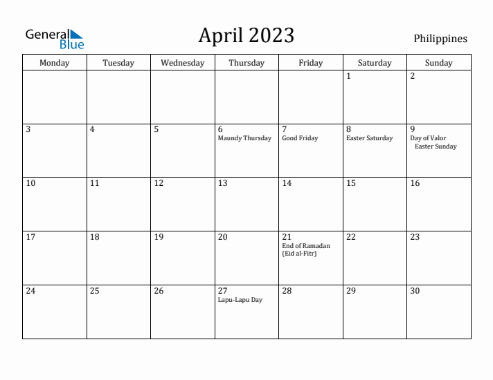April 2023 Calendar Philippines