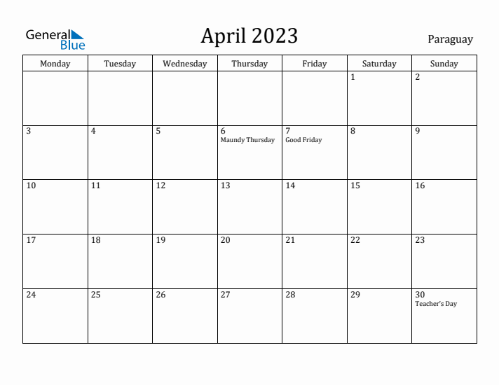 April 2023 Calendar Paraguay