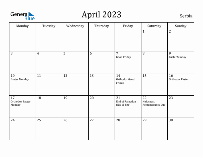April 2023 Calendar Serbia