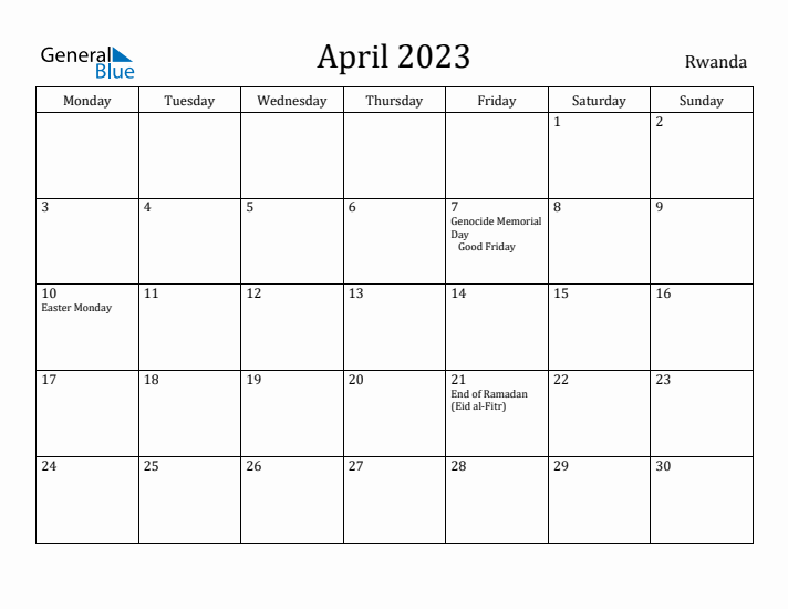 April 2023 Calendar Rwanda