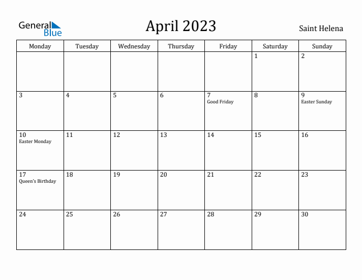 April 2023 Calendar Saint Helena