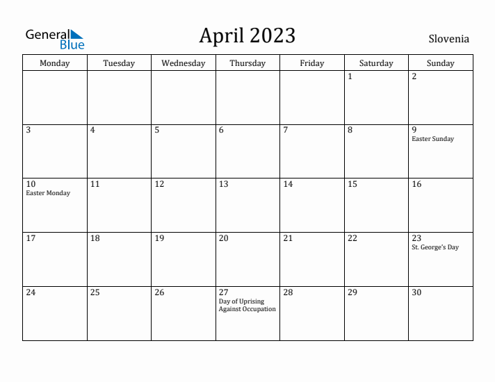 April 2023 Calendar Slovenia