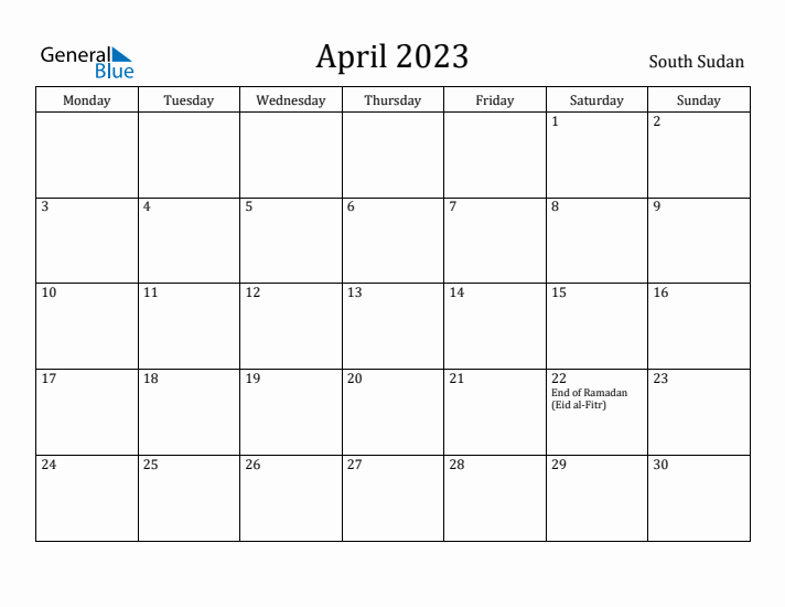 April 2023 Calendar South Sudan