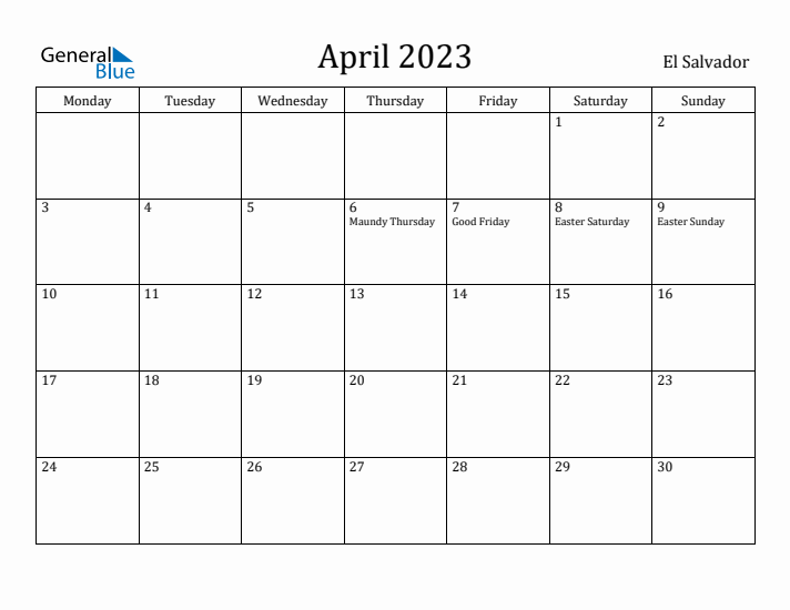 April 2023 Calendar El Salvador