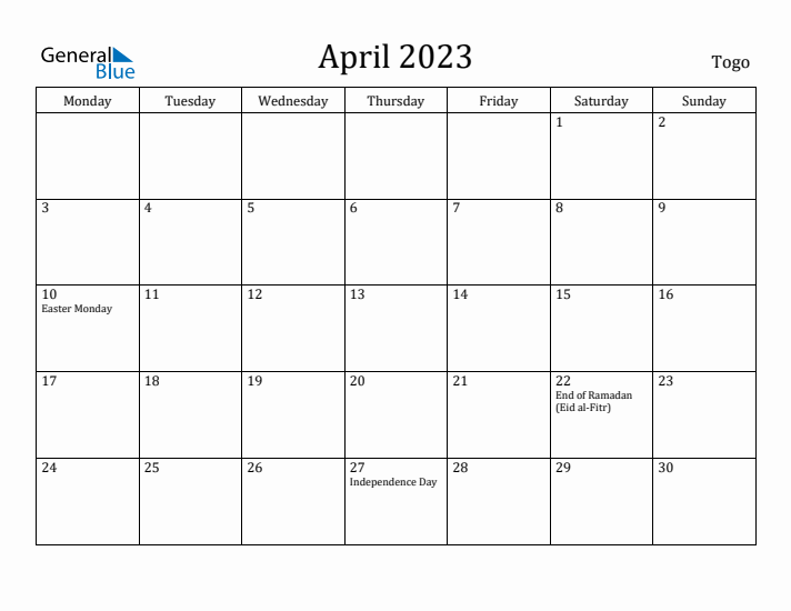 April 2023 Calendar Togo