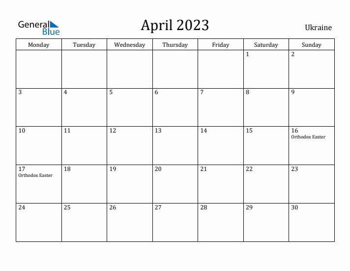 April 2023 Calendar Ukraine