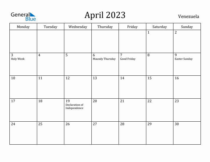 April 2023 Calendar Venezuela