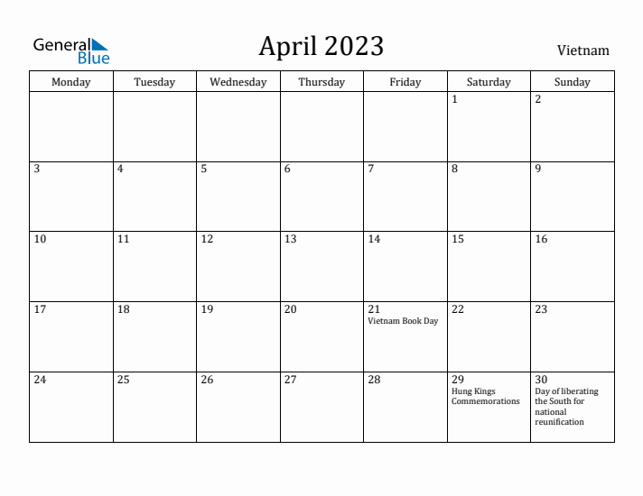 April 2023 Calendar Vietnam