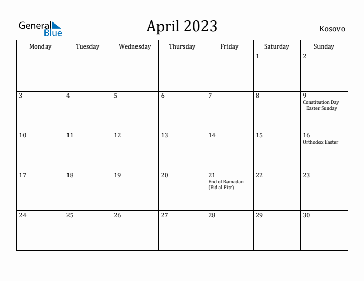 April 2023 Calendar Kosovo