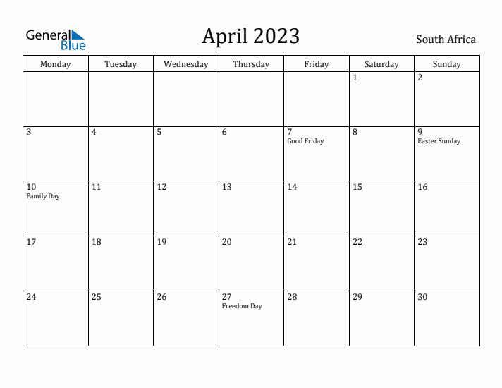 April 2023 Calendar South Africa