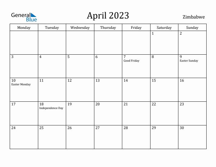 April 2023 Calendar Zimbabwe
