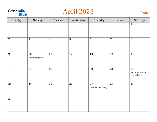 April 2023 Holiday Calendar