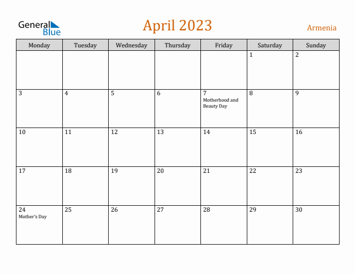 April 2023 Holiday Calendar with Monday Start