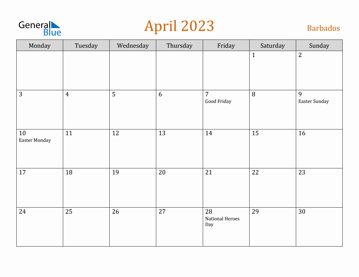 Free April 2023 Barbados Calendar