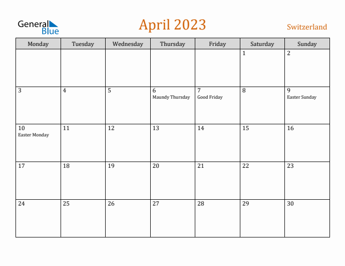 April 2023 Holiday Calendar with Monday Start