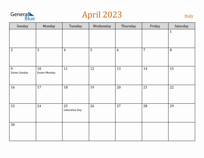 April 2023 Holiday Calendar with Sunday Start