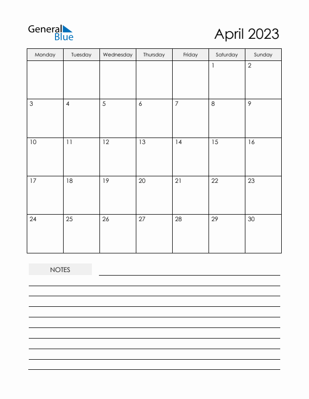 Printable Calendar with Notes - April 2023 