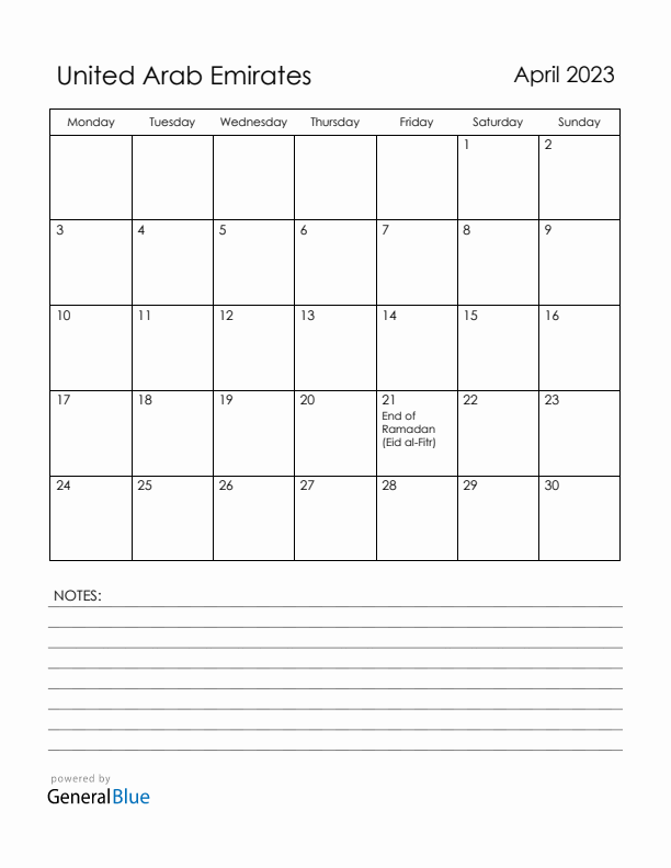 April 2023 United Arab Emirates Calendar with Holidays (Monday Start)