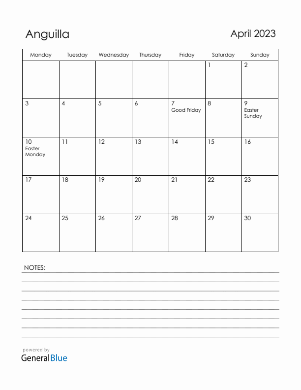 April 2023 Anguilla Calendar with Holidays (Monday Start)