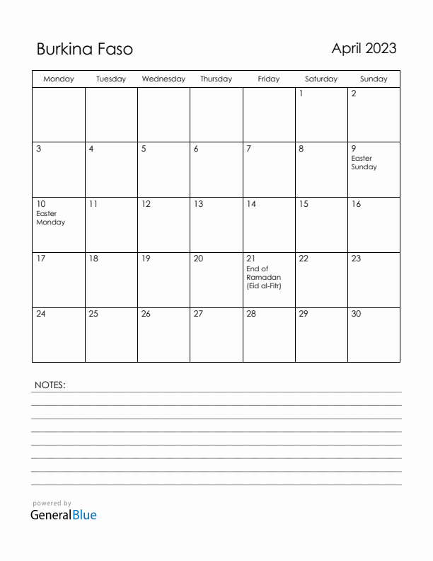 April 2023 Burkina Faso Calendar with Holidays (Monday Start)
