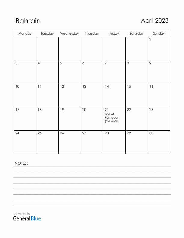 April 2023 Bahrain Calendar with Holidays (Monday Start)