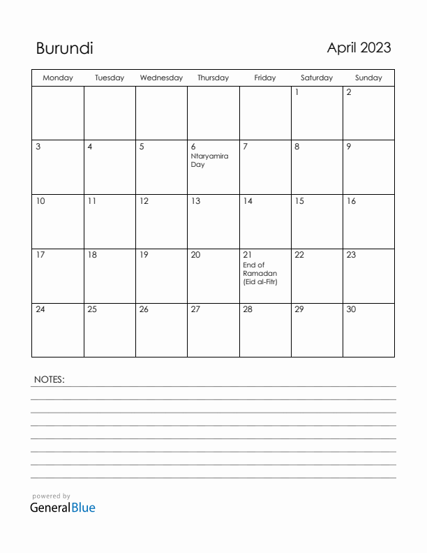 April 2023 Burundi Calendar with Holidays (Monday Start)