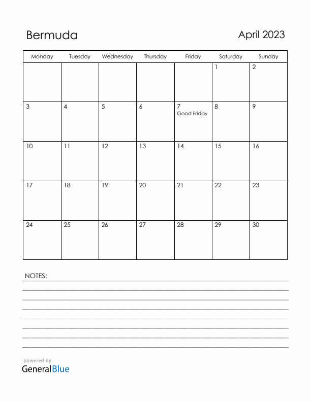 April 2023 Bermuda Calendar with Holidays (Monday Start)
