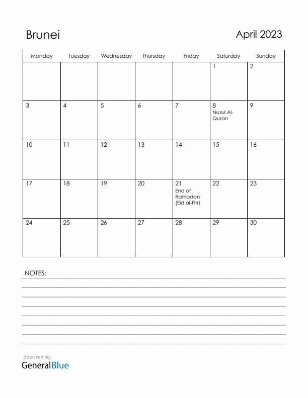 April 2023 Brunei Calendar with Holidays (Monday Start)