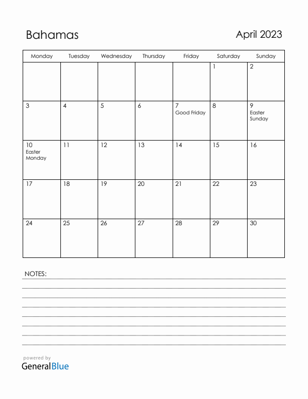 April 2023 Bahamas Calendar with Holidays (Monday Start)