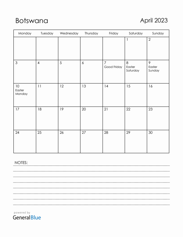 April 2023 Botswana Calendar with Holidays (Monday Start)