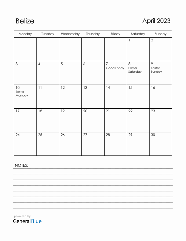 April 2023 Belize Calendar with Holidays (Monday Start)