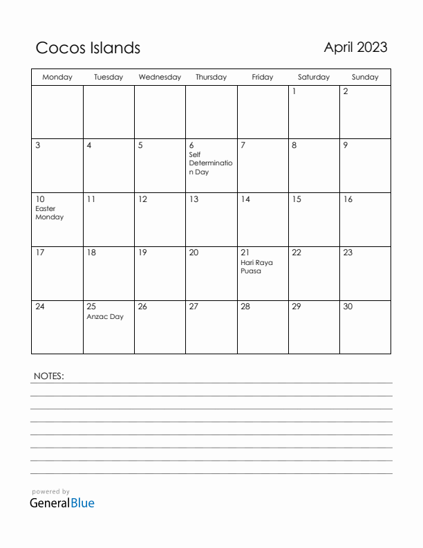 April 2023 Cocos Islands Calendar with Holidays (Monday Start)
