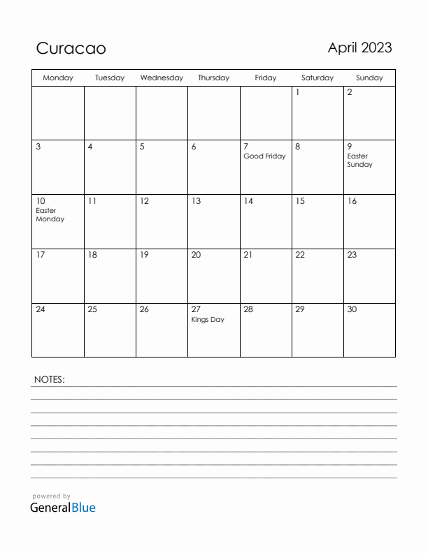 April 2023 Curacao Calendar with Holidays (Monday Start)