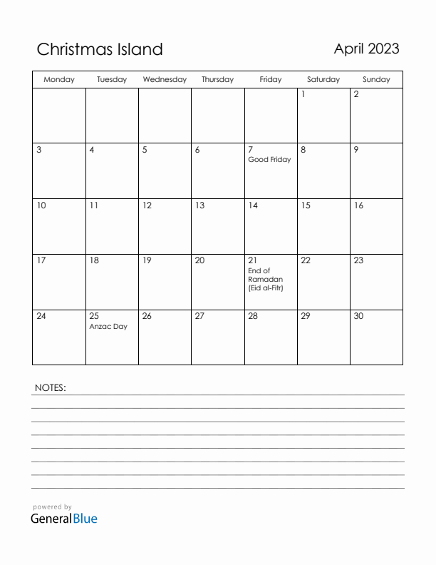 April 2023 Christmas Island Calendar with Holidays (Monday Start)