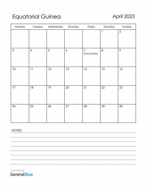 April 2023 Equatorial Guinea Calendar with Holidays (Monday Start)