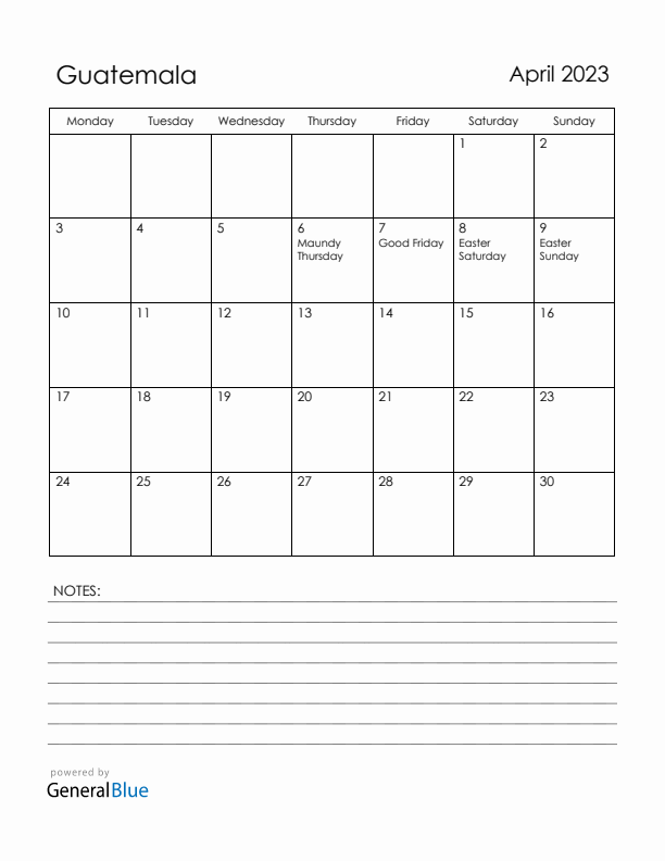 April 2023 Guatemala Calendar with Holidays (Monday Start)