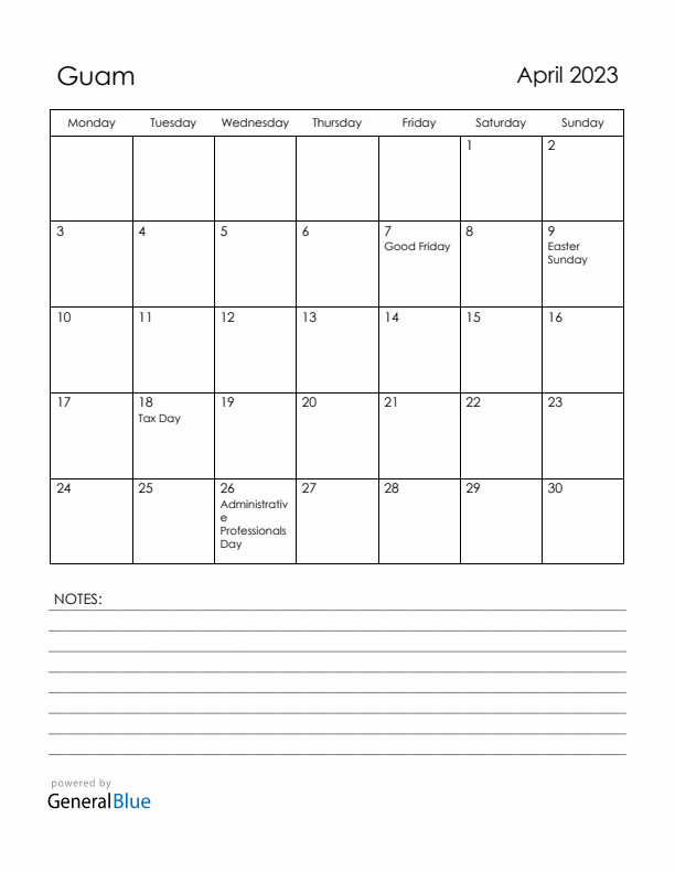 April 2023 Guam Calendar with Holidays (Monday Start)