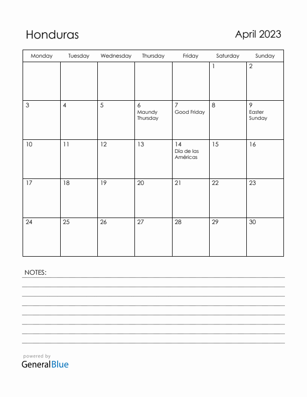 April 2023 Honduras Calendar with Holidays (Monday Start)